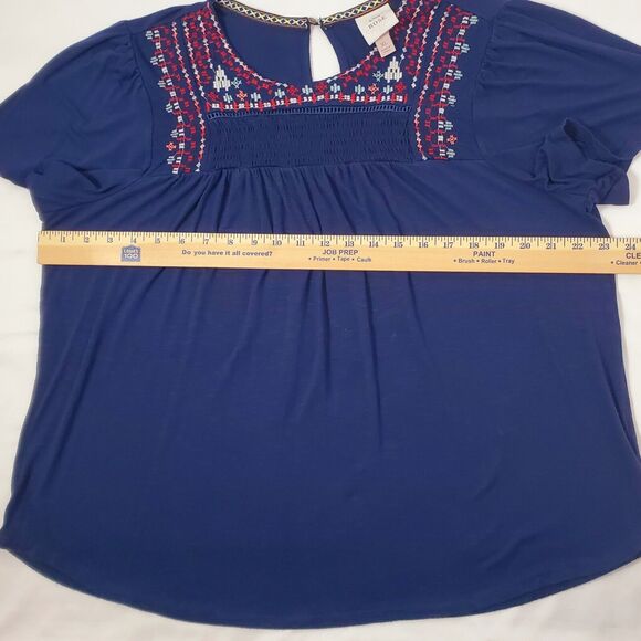 Knox Rose Top XL Blue Smocked Embroidered Flutter Relaxed Tunic Womens Sz Shirt - Picture 3 of 5